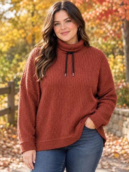 Tribal Sweaters - Tribal Sportswear Rust Waffle Knit Drawstring Cowl Neck Sweater Size XXL